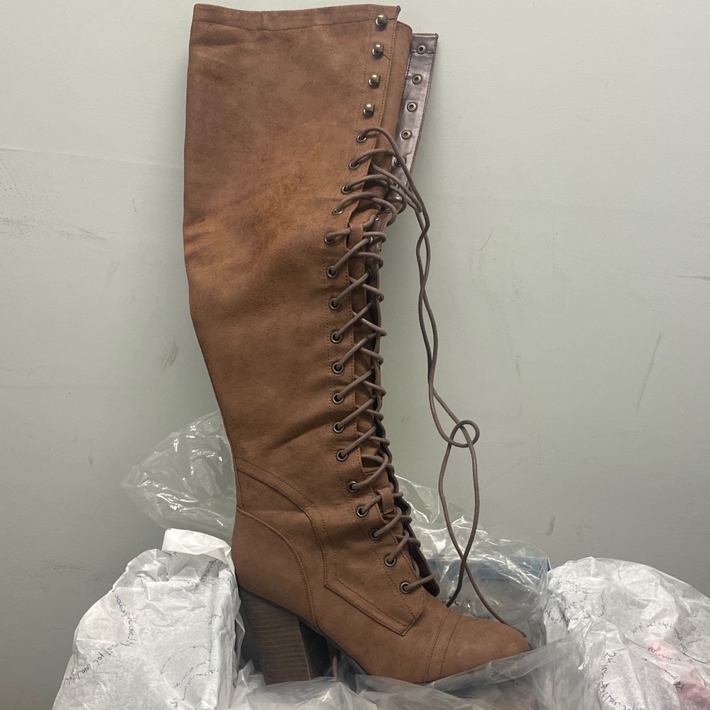 Elegant Brown Lace-Up Over the Knee Boots
